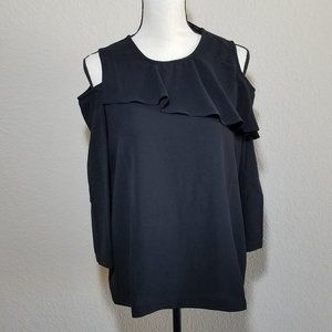 IMAN Black Top Small Open Cold Shoulder Black 3/4 Sleeve Ruffle Loose Fit Relax